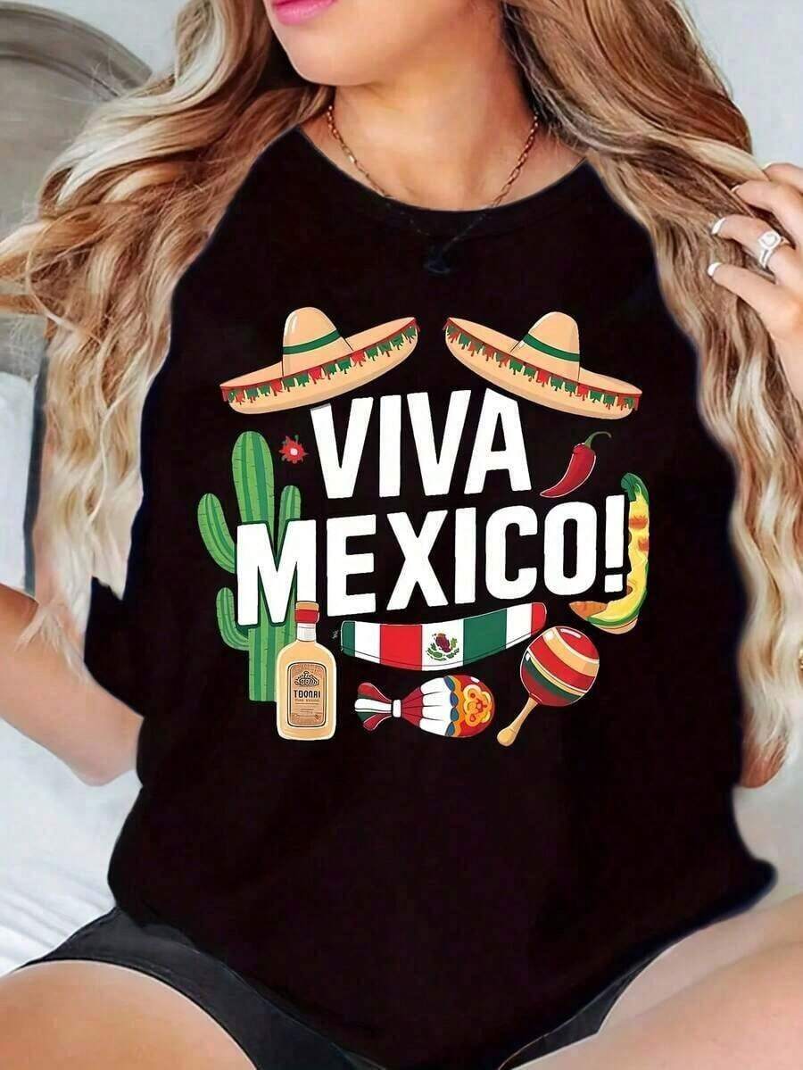 100% Cotton, 1 Piece Of Mexican Festival Themed Summer T-Shirts, Oversized Graphic Tees, Perfect Gifts, G, 100% Soft Cotton. Women's Simple Solid Color T-Shirt, Loose And Slim Fit Casual Short Sleeve - 黑色 - 查看 1