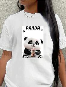 Lightweight And Durable Short-Sleeved T-Shirt With A Panda Design, Perfect For Casual Outings At Home Or Restaurants, Offering A Comfortable Everyday Wear Experience. Women's Blouses > Clothing - 白色 - 查看 1