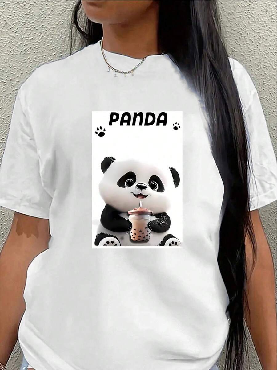 Lightweight And Durable Short-Sleeved T-Shirt With A Panda Design, Perfect For Casual Outings At Home Or Restaurants, Offering A Comfortable Everyday Wear Experience. Women's Blouses > Clothing - 白色 - 查看 1