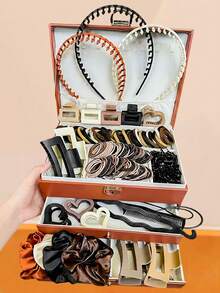 613/100/4/Set Maillard Color Hair Accessories Set, Multiple Styles Claw Clips, Hair Hoops, Matte ABS + Faux Silk Satin, Non-Slip Hair Hoops, Hair Claw, High Elastic Hair Ties, Korean Versatile Suitable For Women & Girls, Fit For Daily, Date, School, Vacation, Beach, Party, Holiday, Gift,Ponytail Holders,Hair Elastics - Multicolor - View 11