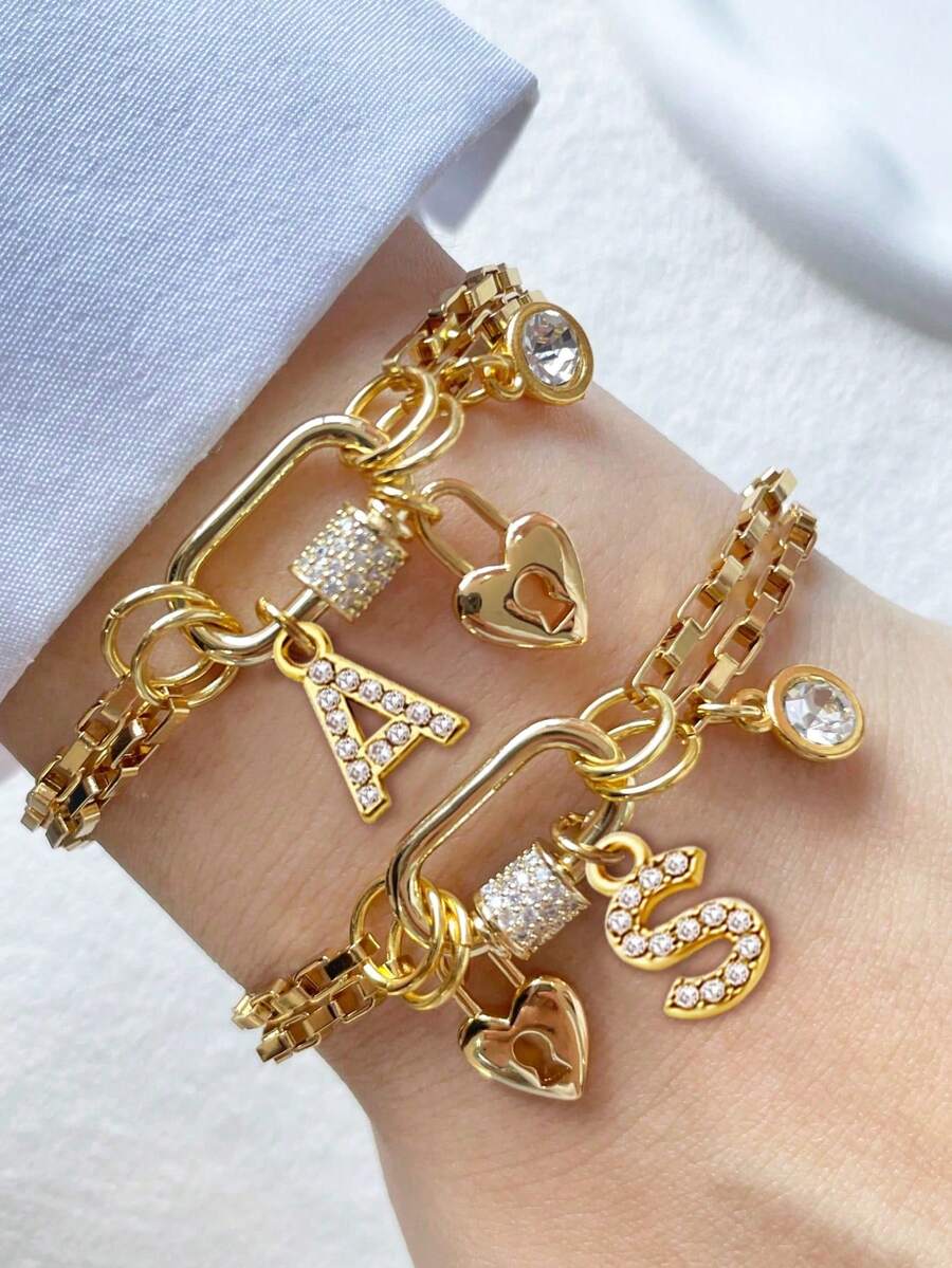 1pc Luxury Rhinestone 26 Letter A-Z Pendant Necklace, Stainless Steel Chain With Screw Clasp Closure, Beautiful Delicate Gift For Women Holiday Party - Yellow Gold - View 1
