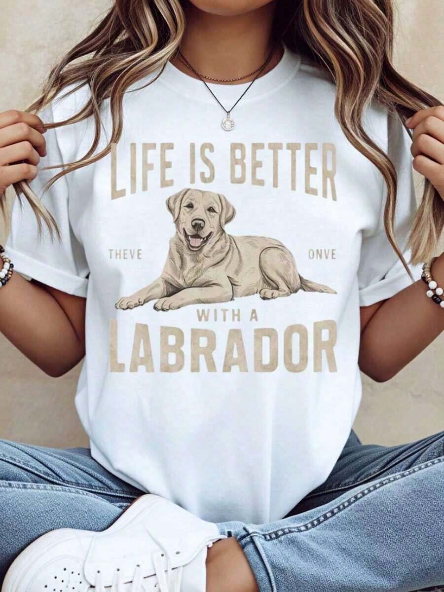 Life Is More Enjoyable With A Labrador Dog Lover T-Shirt For Women, Men, Unisex, Casual, Graphic Print, Gift For Pet Owners, Summer Outfit, 200g, Casual Blouse For Women, Cotton T-Shirts For Women. - 白色 - 查看 1