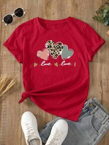 Women's Oversized Red Summer 2026 T-Shirt, Two Designs Available (Mixed Hearts And Cherries With Phrase). Loose-Fitting Youth T-Shirt With Heart And Cherry Prints, To Combine With Leggings Or Skinny Jeans. - YH632-紅色 - 查看 2