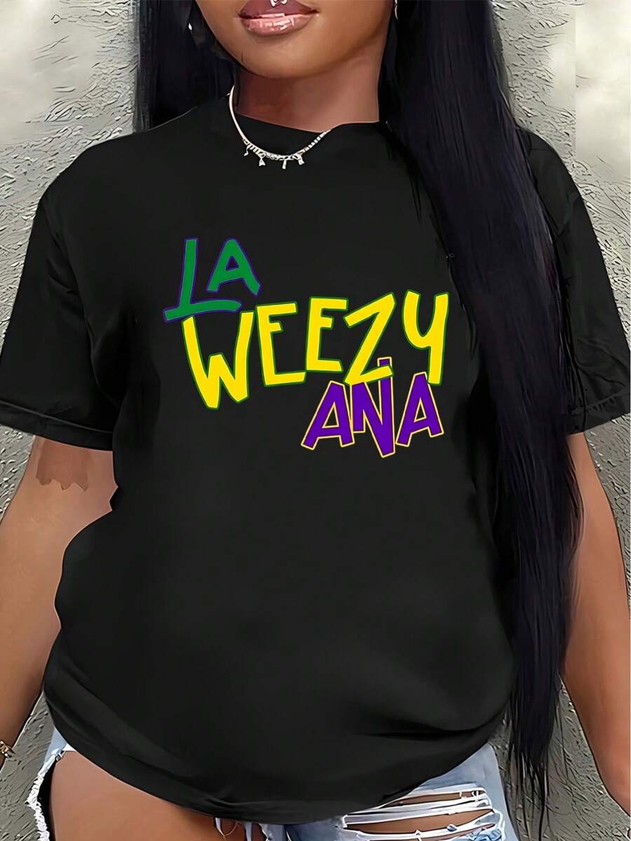 Camiseta de manga corta, ligera y duradera, con el diseño de LA Weezy Ana, es perfecta para el ocio en casa, comer o actividades al aire libre, ofreciendo una experiencia de uso diario cómoda.blusas para mujer>ropa - Negro - Ver 1