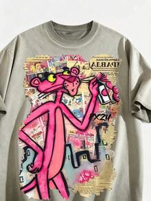 Pi Nk Pa Nt Her Retro Comic Collage Print Graphic Tees Men, Street Graffiti Vibe Graphic Tees, Skin-Friendly Pure Cotton Mens Clothes, Breathable Loose Silhouette Casual Versatile T-Shirt - màu xanh quân đội bẩn - Xem 2