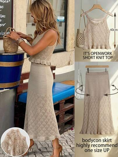 Women's Elegant Vintage 2-Piece Set: Solid Color Hollow Out Camisole Top And Mid-Length Skirt, Summer Beach Holiday Outfit, Coachella