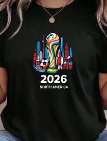 Blusas de Mujer, Camiseta de la Copa Mundial 2026, Camiseta de Fútbol de EE. UU., Canadá y México, Camiseta para Fanáticos del Fútbol, Camiseta con Gráficos de Fútbol 2026, 100% algodón, Vestidos para el Día de la Madre > regalos de fiesta para mamá, estilo boho chic - estampado lavable con agua que no se despega. - Negro 7 - Ver 1
