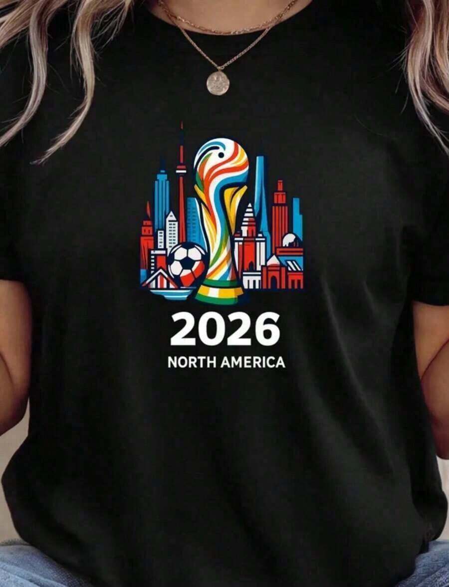 Blusas de Mujer, Camiseta de la Copa Mundial 2026, Camiseta de Fútbol de EE. UU., Canadá y México, Camiseta para Fanáticos del Fútbol, Camiseta con Gráficos de Fútbol 2026, 100% algodón, Vestidos para el Día de la Madre > regalos de fiesta para mamá, estilo boho chic - estampado lavable con agua que no se despega. - Negro 7 - Ver 1