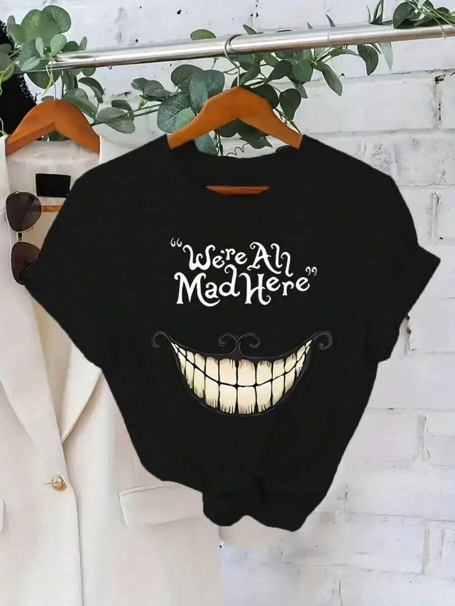 Camiseta unisex, con estampado de letrasPatrónImpresoCamisetasInformalCamisetasconCortoMangasYPrimaveraYVeranoModa FemeninaTopsCamisetas, ropademujerblusasparadamacasualescamisasdemujerblusablusasparamujercamisas,DailycasualConjunto, RegularAjuste, DiarioCoincidencia, GráficoEstampado, Deportivocasual - Negro - Ver 1