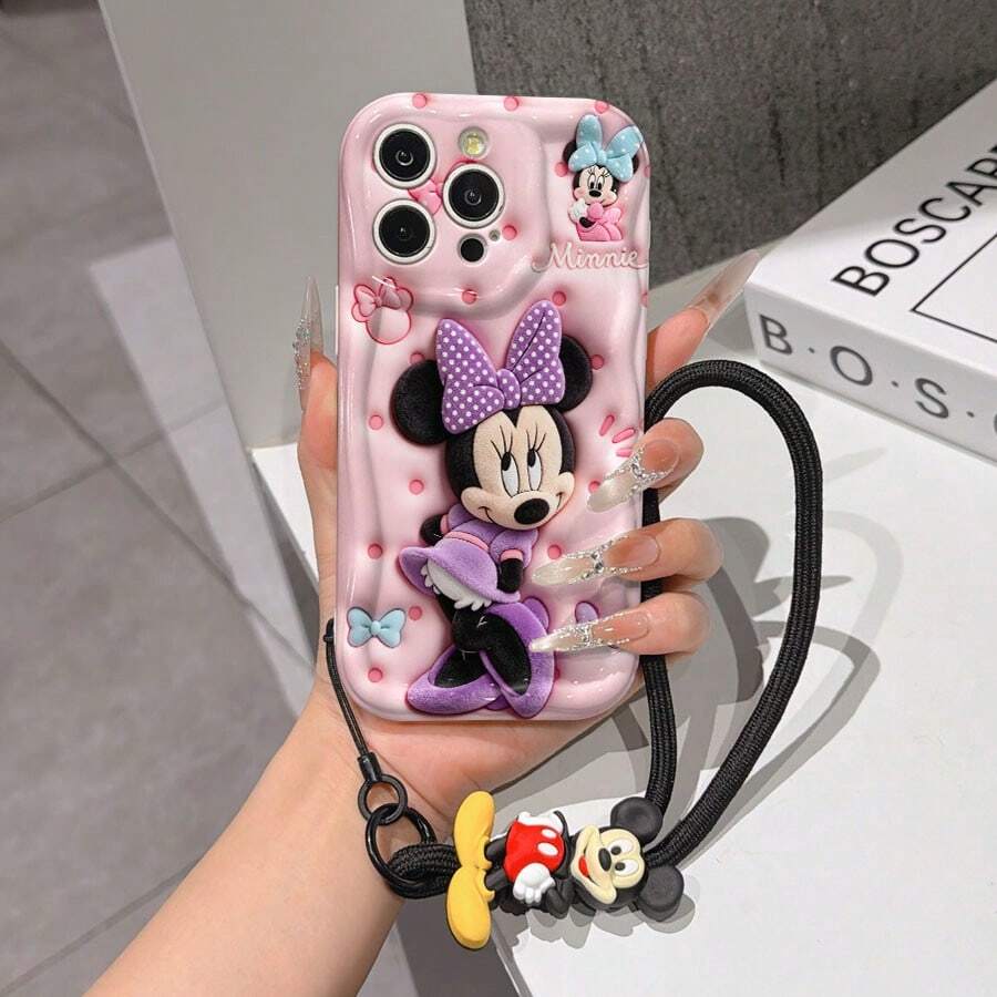 This Disney Mickey Mouse Lanyard Phone Case Is Fully Covered In TPU Material. It's Shockproof, Lightweight, And Compatible With IPhone17/16/11/13/15/15 Plus/15 Pro/15 Pro Max/12/14 Pro Max/11 Pro Max/12 Pro/12 Pro Max/13. This Phone Case Makes A Popular Birthday Gift Or Business Gift; It's Durable, Stain- And Fingerprint Resistant, And Suitable For Both Men And Women. The Set Also Includes A Mickey Mouse Phone Case And A Mickey Mouse Plush Bracelet. It's A Perfect Gift For Friends And Family. This Stylish Phone Case Is Fun, Lightweight, And Durable. IPhone17 Pro Max Phone Case, Minnie Mouse Phone Case. - trắng - Xem 1