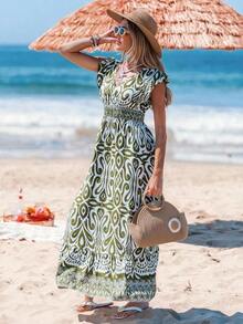 Vestido largo de línea A con mangas de campana, cintura con cordón y dobladillo con volantes, estampado de colocación, vestido de vacaciones informal para mujer - Multicolor 4 - Ver 5