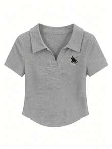 Women's Preppy Short Sleeve Cropped Polo T-Shirt, Decorated With Fashionable Patterns, High Elasticity Short Top, Suitable For Summer Casual Daily Office Wear - Grey - View 2