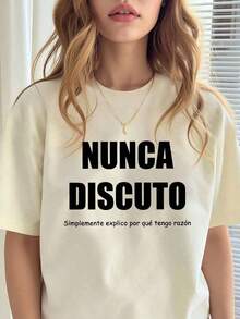 2026 Fashion Women's Cotton T-Shirt Casual Quality Graphic T-Shirt With Spanish Summer Slogan For Women, Casual And Comfortable Daily Wear Basic Unisex T-Shirt - 杏 - 查看 6