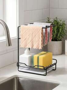 1pc-Kitchen Sink Organizer Rack, Towel & Rag Holder And Utensil Storage - Metal Over-Sink Drainer Rack, Suitable For Sponges, Brushes And Soap - Easy To Clean Design, Suitable For Countertop Or Wall Use, Kitchen Sink Accessories - Black - View 12