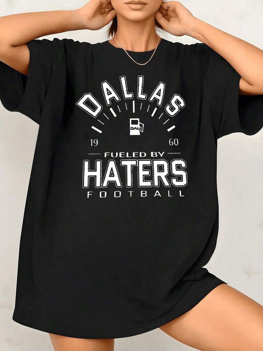 Women's T-Shirt With American Football Graphic Print, "Fueled By Haters", 100% Cotton, Crew Neck, Casual Style, 1 Piece. Excellent Gifts For Friends And Family. - 黑色 - 查看 1