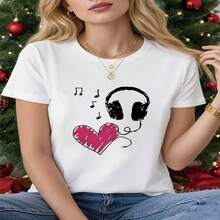 Women Cotton Graphic T Shirt Short Sleeve Round Neck High Stretch Casual Tee with Headphones Heart Music Print - Blanco - Ver 1