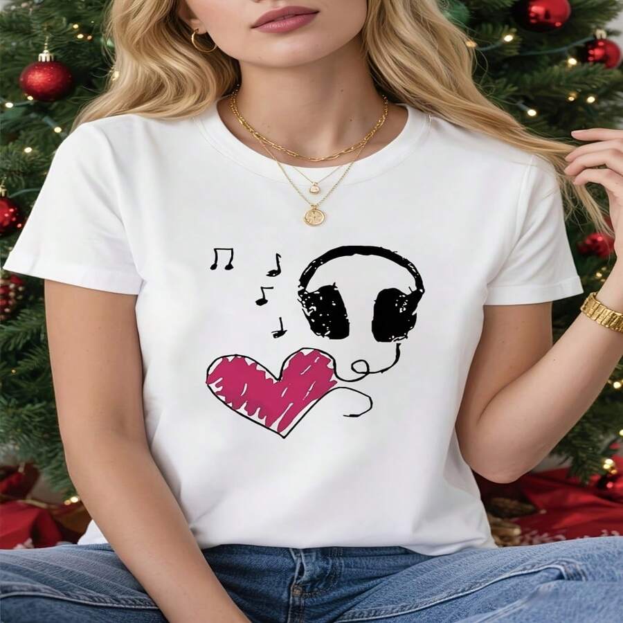 Women Cotton Graphic T Shirt Short Sleeve Round Neck High Stretch Casual Tee with Headphones Heart Music Print - Blanco - Ver 1