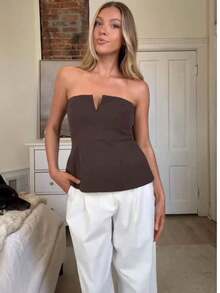 Blusa sin tirantes de unicolor elegante y casual para mujer, estilo de moda sexy, ropa casual estadounidense, camisa básica de primavera y verano en color blanco - Marrón - Ver 7