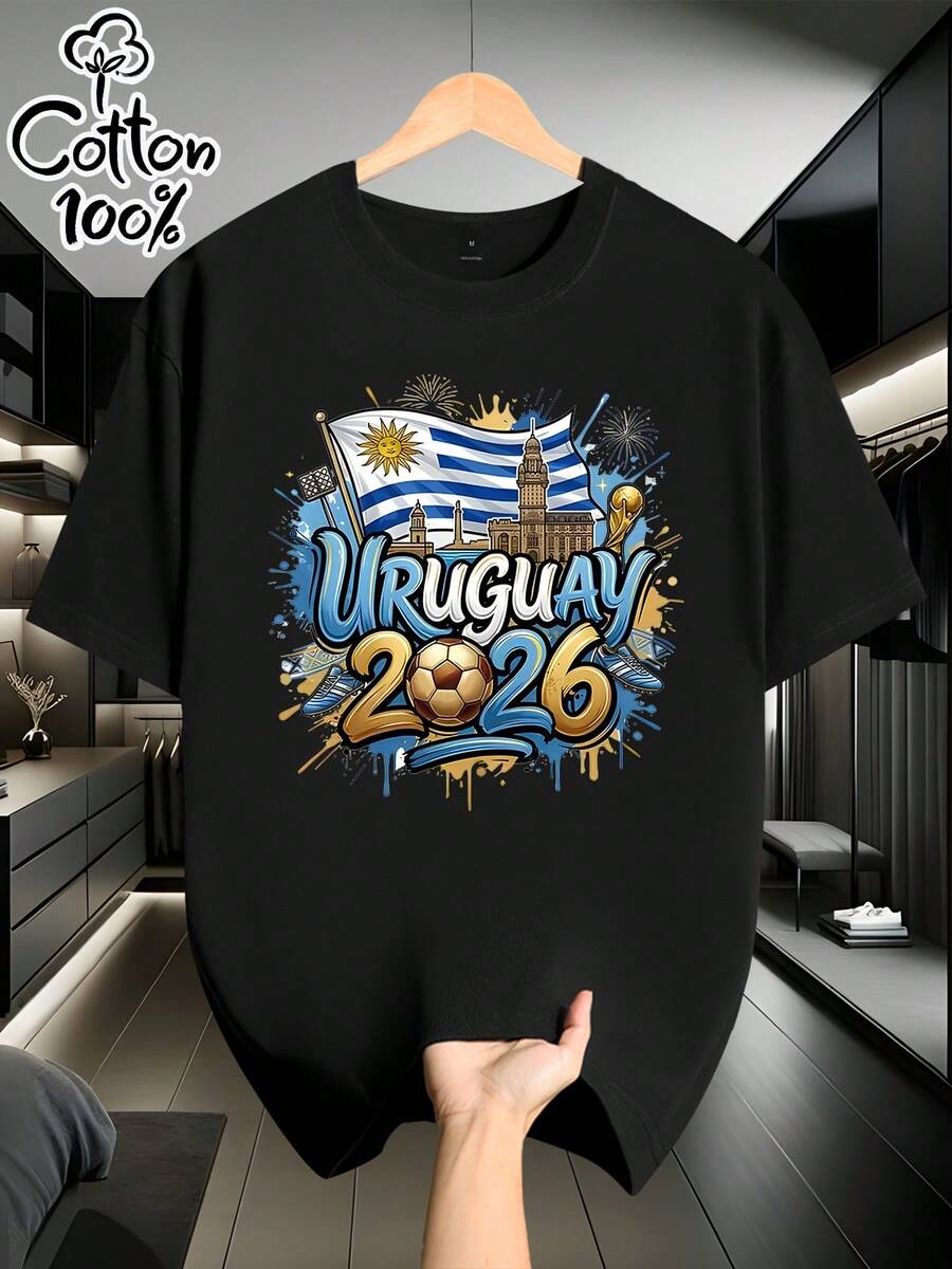 [Licensed] Men's Short-Sleeved T-Shirt, 100% Cotton, With "URUGUAY" Themed Print, Perfect For Everyday Wear, Casual And Versatile Style, An Ideal Gift For Men, Birthday Gift, Holiday Gift. - 黑色 - 查看 1