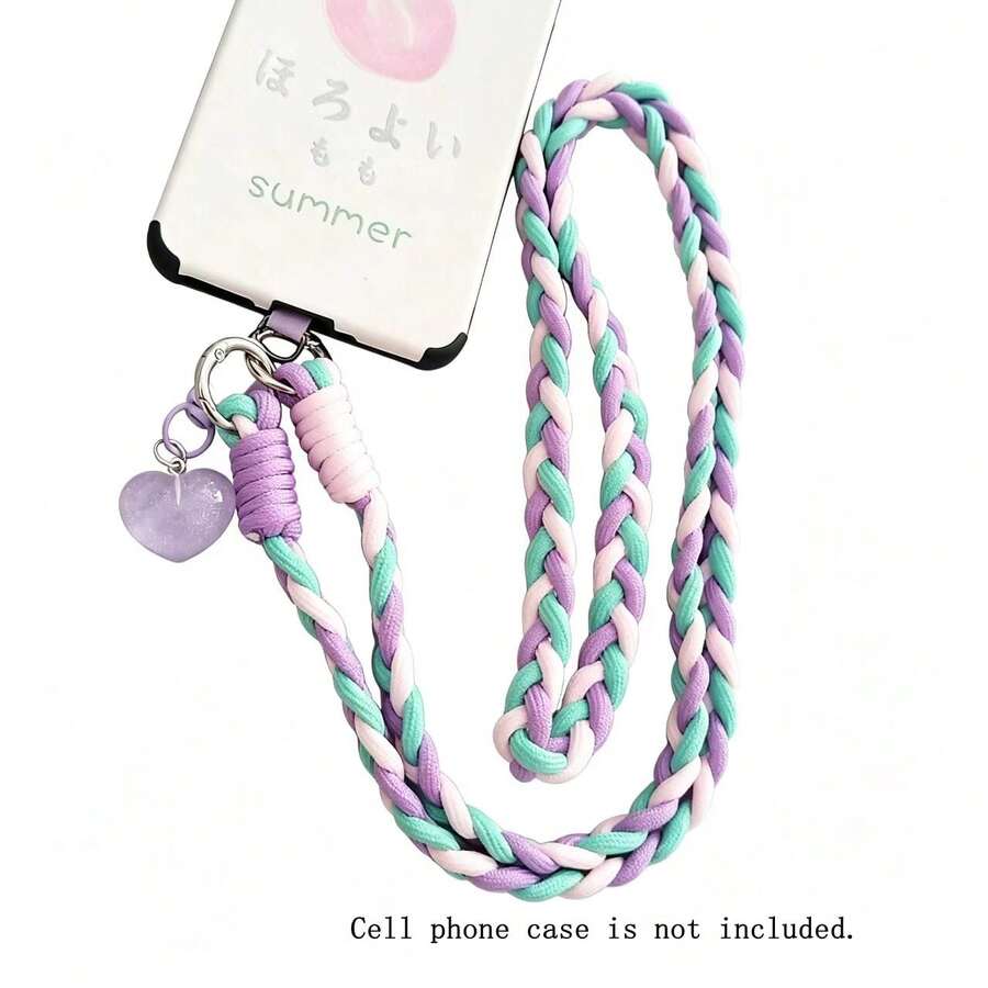 1pc Colorful Braided Long Lanyard Necklace With Heart Pendant, Contrast Color Phone Strap Compatible With Android And Most Smartphone,Gifts For Mother, Family, Friends, Birthday, Holiday Phone Chain - Pink, Purple and Green - View 1