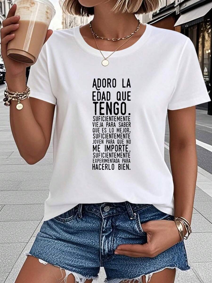 Women's T-Shirt With The Spanish Phrase "I Love The Age I Have" - Short-Sleeved, Round-Neck Top With Spanish Lettering, Medium-Stretch Casual Blouse For Spring And Summer Casual Wear, Suitable For Spanish Classes, Gifts, And Self-Love Outfits - 白色 - 查看 1
