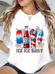 Women's 100% Patriotic T-Shirt With Ice Cream Print For The 4th Of July | Breathable, Loose Fit, Crew Neck, Short Sleeve Summer Casual T-Shirt With Rocket And American Flag Design - Holiday Gift, Comfortable For All Seasons, Independence Day Themed. - 白色 - 查看 5