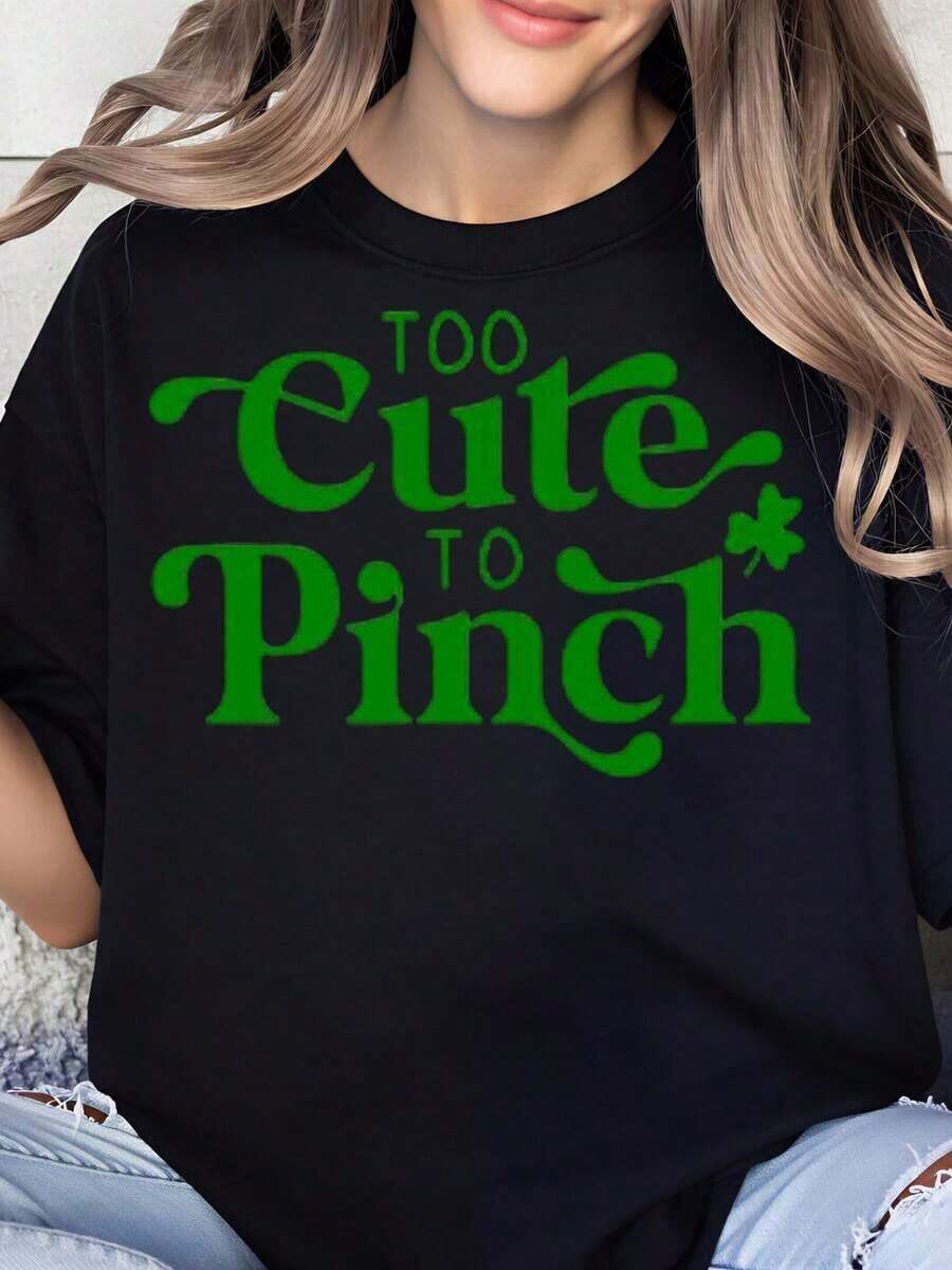 Women's St. Patrick's Day T-Shirt "Too Cute To ", Irish Festive T-Shirt, Adorable Festive Top, Green Shamrock Design, Fun And Original T-Shirt, 100% Pure Cotton, Women's T-Shirt - 黑色 - 查看 1