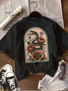 Women's Short-Sleeved T-Shirt, 100% Cotton, Double-Sided Print, Round Neck, Casual Style, Graphic Design Of Snake And Peony In Traditional American Tattoo Style, Summer Top. - 黑色 - 查看 3