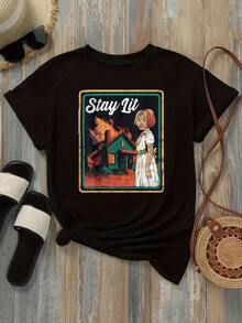 Women's Casual Loose Fit T-Shirt, Available In Black And White, 'Stay Lit House Fire' Graphic Print, Summer Everyday Wear T-Shirts, Summer Tops, Graphic Tees, Summer Sets, Women's Crop Tops, Casual Blouses For Ladies - 黑色 - 查看 2