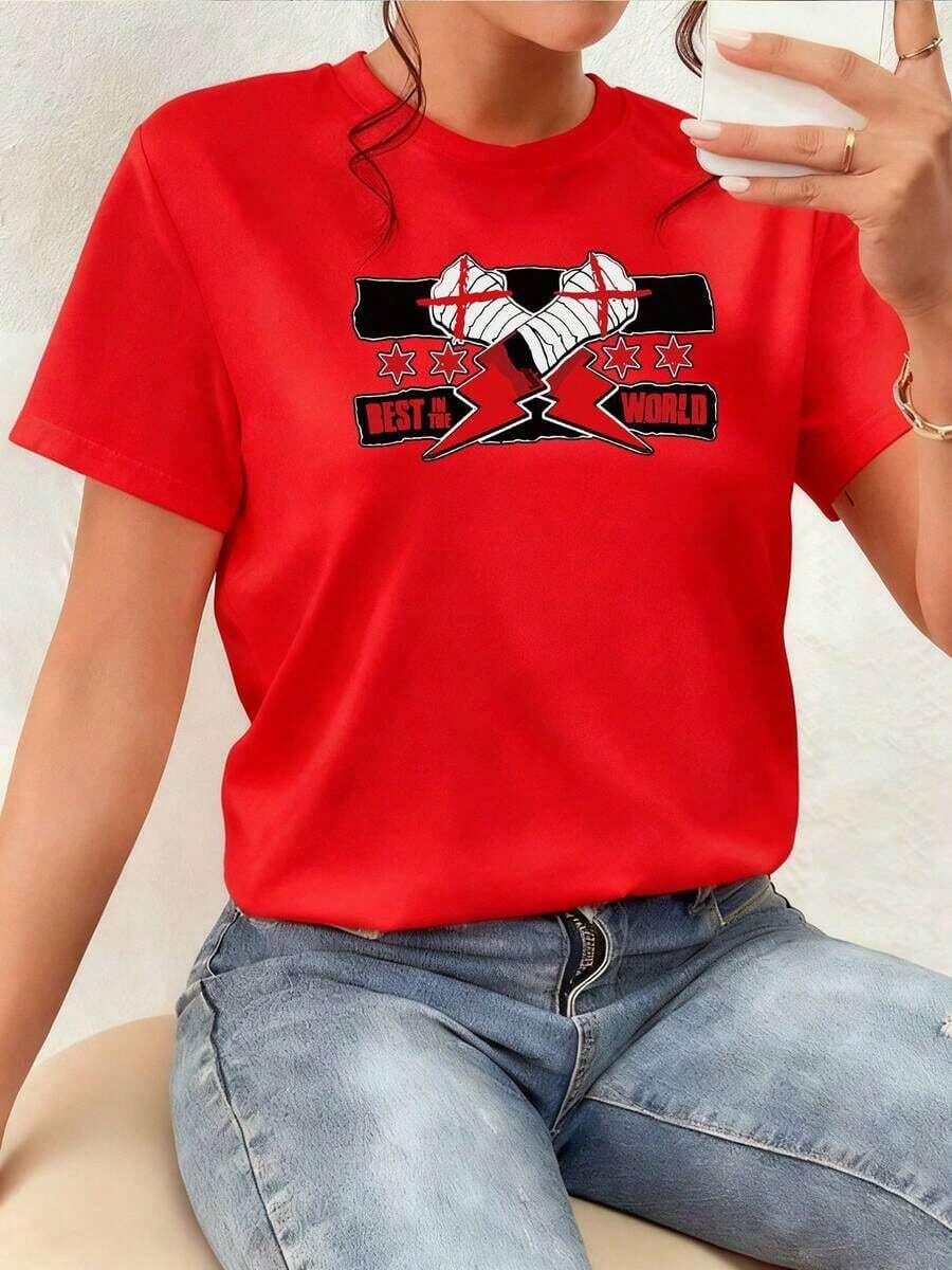 Two Crossed Bandaged Fists With Red Symbols Represent Strength, Determination, And Fighting Spirit; Lightning And Stars Evoke Urban Energy And Personal Power. Women's 100% Cotton T-Shirt, Comfortable, Modern, And Attractive For Everyday Wear. New Summer Women's T-Shirt, Casual And Comfortable Crew Neck Top - 紅色的 - 查看 1