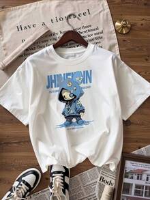 Blue Streetwear Character T-Shirt With "JHINEINN" Text, Fashionable Short-Sleeve T-Shirt For Spring/Summer 2026, Made In Mexico, 180 Grams. Cartoon Print, Couple Design, Suitable For Indoor Or Outdoor Wear. Crew Neck, Unisex, Ideal For Office And Leisure. One-Pack. - WH-P631577SLNDXZGY635 - 查看 3