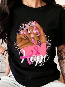 Women's Printed T-Shirt, Casual Style, With A Pink Ribbon And Hand Design For Breast Cancer Awareness, Ideal For Spring And Summer, Perfect Gift For Women And Girls. Summer T-Shirt. - Black - View 7