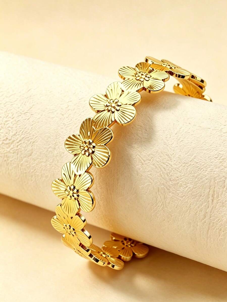 1件优雅简约不锈钢花卉设计手链,适合女性在约会、度假、派对和聚会等场合佩戴。 - 金黃色 - 查看 1