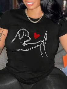 Camiseta Deportiva Casual para Mujer - Camiseta Negra Elástica de Cuello Redondo con Dibujo de Perro Blanco y Corazón Rojo, Lavable aáquina, Ajuste Cómodo y Perfecta para Todas las Estaciones, para un Look Divertido y Moderno. - Negro - Ver 1