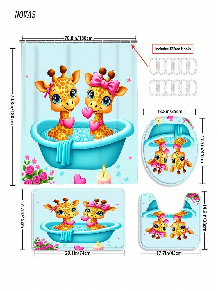 Bộ đồ dùng phòng tắm hình hươu cao cổ hoạt hình dễ thương 1/3/4 món, gồm hai chú hươu cao cổ trong bồn tắm với họa tiết trái tim và hoa, rèm tắm chống thấm nước kèm 12 móc, thảm chống trượt, nắp bồn cầu và thảm chữ U, trang trí nhà cửa độc đáo. - A - Xem 12