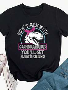 Camiseta de Cuello Redondo 100% Algodón Grueso con Estampado de Grandmasaurus, Top Casual de Manga Corta para Primavera y Verano, Ropa de Mujer Más Vendida - Negro - Ver 7