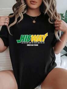 Camiseta de Mujer Casual de Corte Holgado, Opciones en Blanco y Negro, Camiseta con Estampado Gráfico de Frase Cristiana 'IHS WAY', Camisetas para Uso Diario de Verano, Tops de Verano, Camisetas Gráficas, Conjuntos de Verano, Camisetas Gráficas para Mujer, Tops Cortos para Mujer, Camisetas Vintage de Algodón, Ropa Linda para Mujer, Playera Holgada para Mujer - Negro - Ver 1