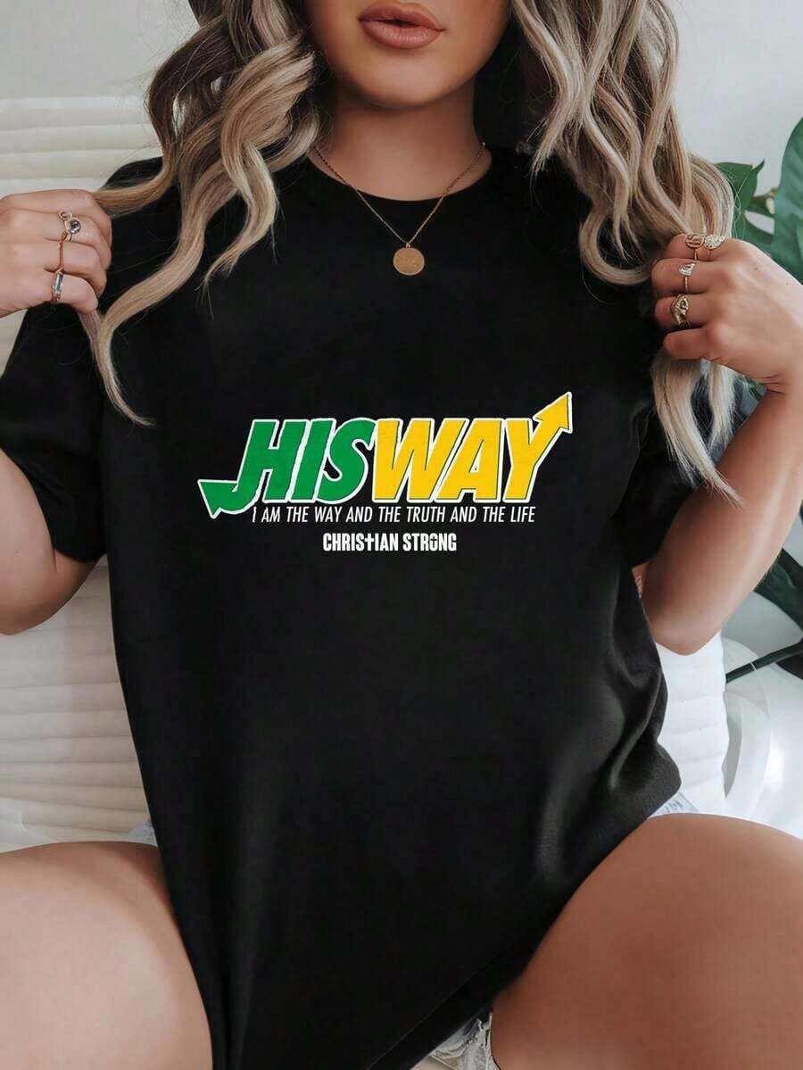 Camiseta de Mujer Casual de Corte Holgado, Opciones en Blanco y Negro, Camiseta con Estampado Gráfico de Frase Cristiana 'IHS WAY', Camisetas para Uso Diario de Verano, Tops de Verano, Camisetas Gráficas, Conjuntos de Verano, Camisetas Gráficas para Mujer, Tops Cortos para Mujer, Camisetas Vintage de Algodón, Ropa Linda para Mujer, Playera Holgada para Mujer - Negro - Ver 1
