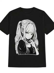 Camiseta Casual de Cuello Redondo para Mujer (con Estampado), Camiseta de Algodón con Estampado de Banda/Gráficos/Anime/Dibujos Animados/Texto para Mujer, Adecuada para Uso Diario, Regalo Perfecto para Fiestas, Regalo de Cumpleaños, Estilo Vintage, Unisex, Clásica y Nostálgica, Versátil y a la Moda, Adecuada para la Calle, Hecha de Tela de Algodón Cómoda con un Tacto Delicado y Suave. Con un diseño sencillo pero elegante, lavable a máquina - Camiseta versátil para el día a día y ocasiones especiales. Adecuada como regalo. playera de mujer. blusas>elegantes. boho chic,Top de mujer suave, transpirable y cómodo, ideal para primavera, verano y otoño, perfecto para vacaciones, viajes y uso diario. - Negro - Ver 1