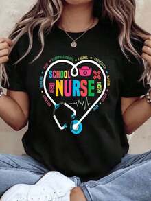 School Nurse T-Shirt For Nurses: Compassionate, Caring, Educational, Kind, Warm, Reliable, Fun. Gift For Nurses And Healthcare Workers, For Birthdays, Christmas, Or Holidays. Short-Sleeve T-Shirt, Crew Neck, Urban Vintage Style, Unisex, Loose Fit Cotton, 220g, 100% Cotton. - 黑色 - 查看 1