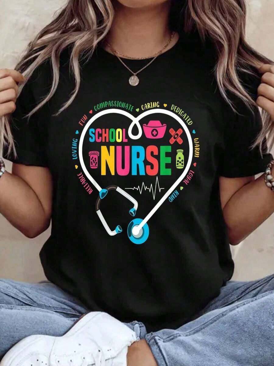 School Nurse T-Shirt For Nurses: Compassionate, Caring, Educational, Kind, Warm, Reliable, Fun. Gift For Nurses And Healthcare Workers, For Birthdays, Christmas, Or Holidays. Short-Sleeve T-Shirt, Crew Neck, Urban Vintage Style, Unisex, Loose Fit Cotton, 220g, 100% Cotton. - 黑色 - 查看 1