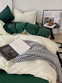 New Solid Color Patchwork Nordic Style Simple Polyester Duvet Cover 3 Pieces Set - Dark Green - View 1