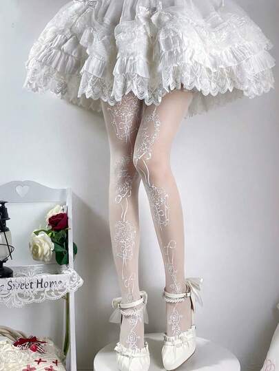 1 đôi quần tất mỏng kiểu Lolita mùa hè lãng mạn in hoa hồng, quần tất ren hoa màu nude dành cho nữ, tất co giãn ngọt ngào thích hợp cho cosplay và tiệc tùng.