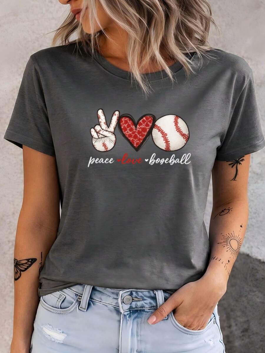 New 2026 Women's Casual Summer T-Shirt, Designed With Peace, Love, And Baseball Motifs - Round Neck, Medium Stretch, Made Of Fabric. XNZI - 黑灰色 - 查看 1