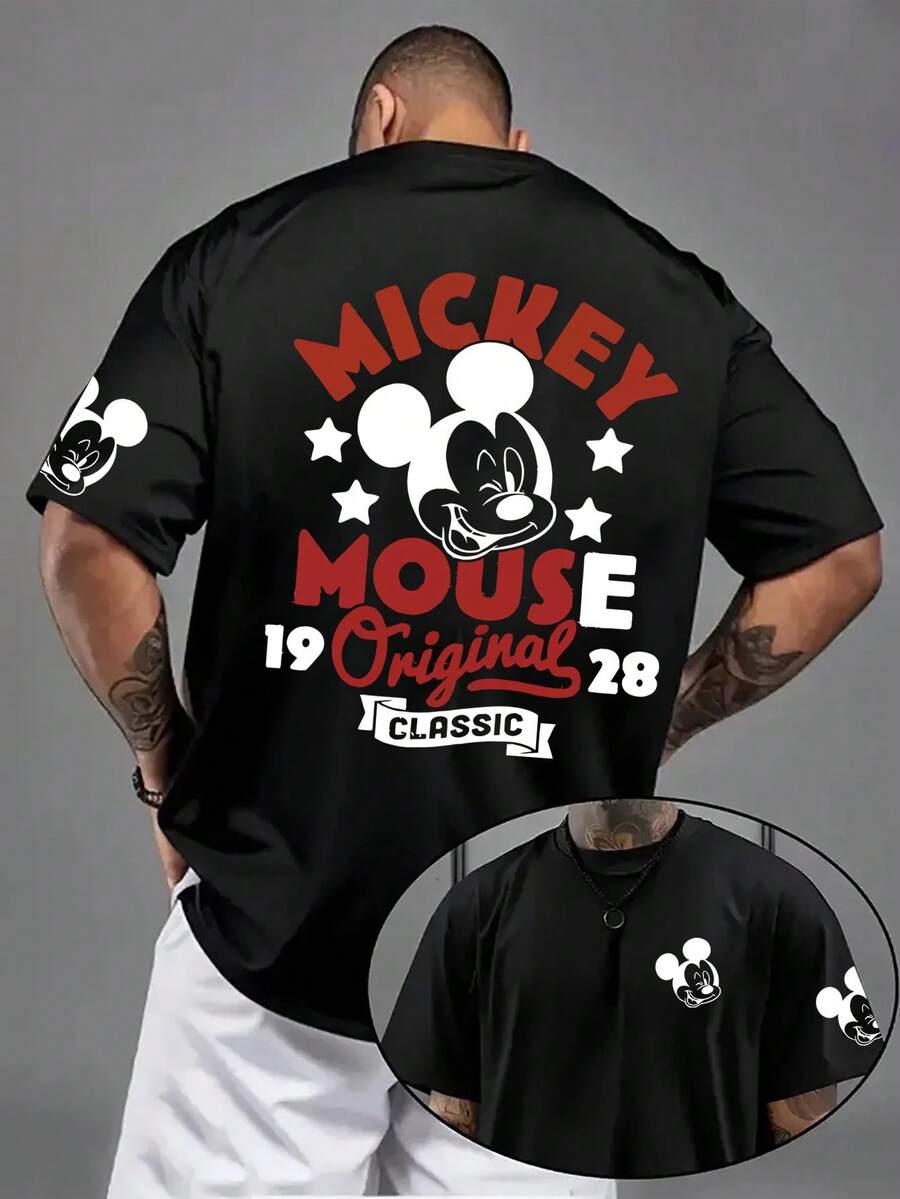 Disney Classic Mickey Mouse 1928 Original Classic Retro Graphic T-Shirt, Vintage Red And White Letter Star Back Print Short Sleeve Shirt, Black Timeless Crew Neck Casual Top, Double-Sided Matching Mickey Head, Arm, And Leg Mini Print Details, Soft Skin-Friendly Breathable Premium Cotton, Reinforced Seams For Durable Daily Wear, Casual Street Vacation Everyday Outfit, Family Couple Matching Outfit, Iconic Disney Vintage Cartoon Character-Centered Design, Nostalgic Retro Visual Style For Teens And Adults On Daily Occasions, Casual Meetings, Outdoor Activities, And Comfortable, Durable Everyday Styling - màu đen - Xem 1