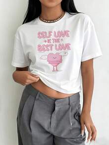 Camiseta Deportiva Casual para Mujer de Cuello Redondo Blanca con Texto Rosa y Personaje de Caricatura --Shirt Elástica, Lavable aáquina, Ajuste Cómodo y Perfecta para Todas las Estaciones. - Blanco - Ver 1