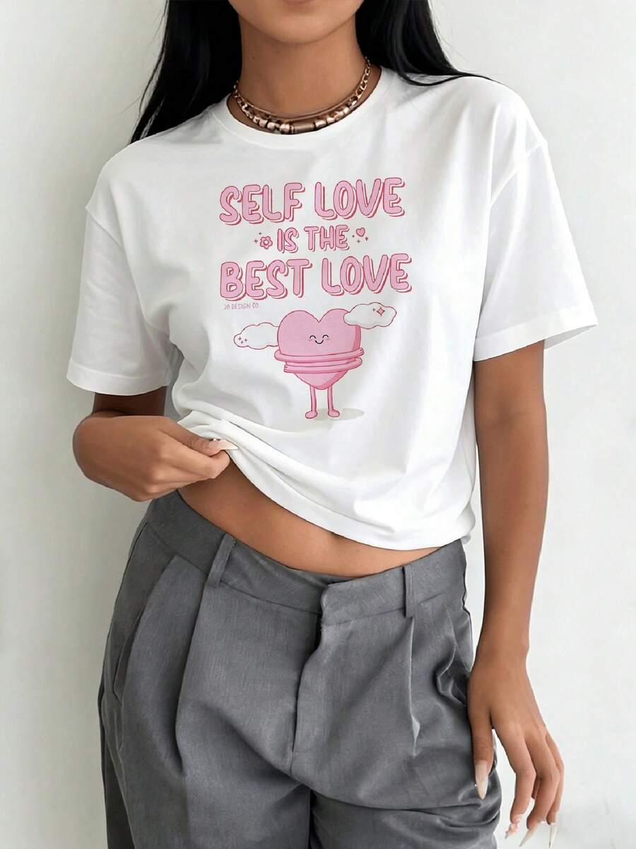 Camiseta Deportiva Casual para Mujer de Cuello Redondo Blanca con Texto Rosa y Personaje de Caricatura --Shirt Elástica, Lavable aáquina, Ajuste Cómodo y Perfecta para Todas las Estaciones. - Blanco - Ver 1