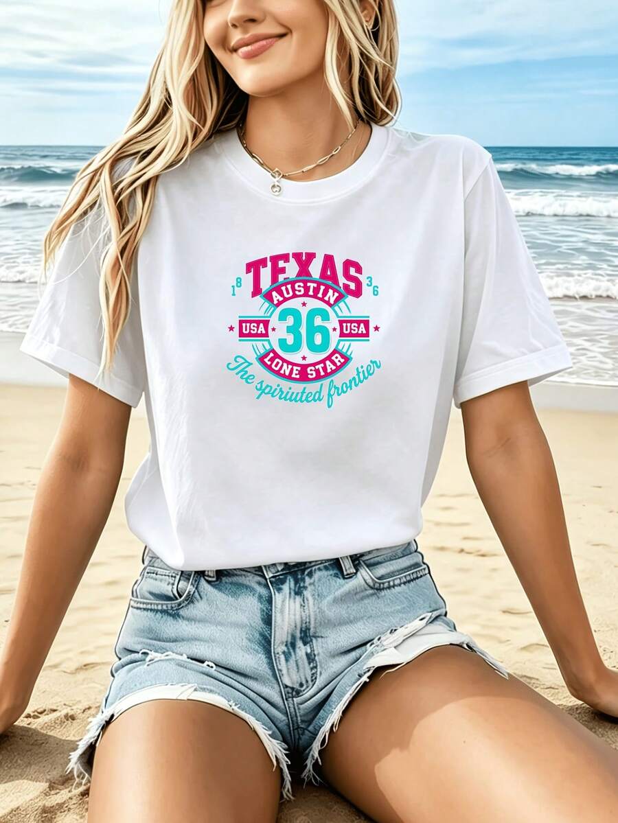 Camiseta Estampada para Mujer - Camiseta Casual de Manga Corta y Cuello Redondo en Color Blanco con Colorido Texto TEXAS NATION 36. Con un Corte Relajado para Todas las Estaciones, la Elección Perfecta Tanto para el Uso Diario como para tus Atuendos de Vacaciones (Lavable aáquina). - Blanco - Ver 1
