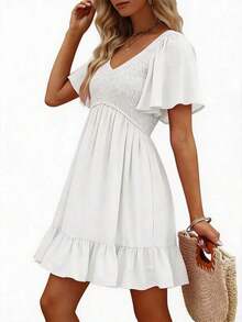 Holidaya Vestido blanco con cuello en V, mangas con pétalos, cintura fruncida y bajo con volantes, estilo romántico adecuado para citas y uso diario, favorecedor - Negro - Ver 5