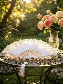 1 pieza Abanico de mano vintage de plumas blanco y negro, decorado con ribete de encaje dorado y borlas de perlas - Estilo elegante gótico lolita victoriano, adecuado para novia de boda, cosplay, fiesta, disfraz de Halloween, accesorio de fotografía, decoración de fiesta de té, baile de máscaras, regalo - A - Ver 5